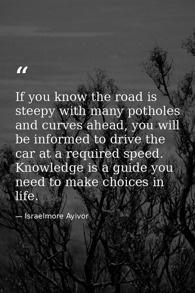 If you know the road is steepy with many potholes and curves ahead, you will be informed to drive the car at a required  — Israelmore Ayivor
