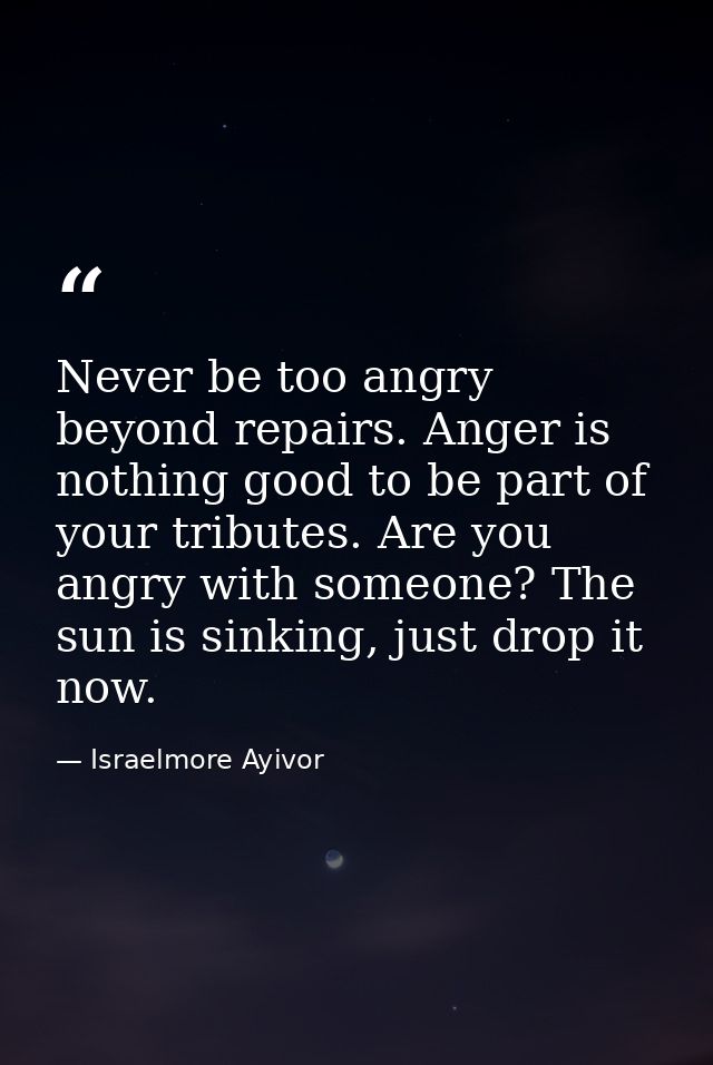 Never be too angry beyond repairs. Anger is nothing good to be part of your tributes. Are you angry with someone? The su — Israelmore Ayivor