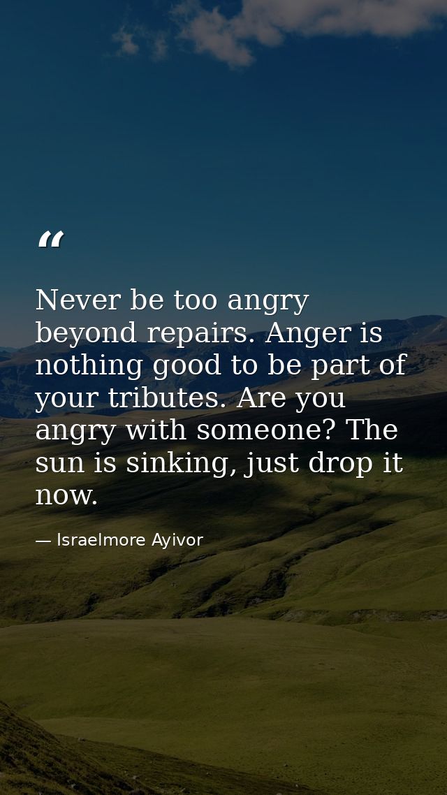 Never be too angry beyond repairs. Anger is nothing good to be part of your tributes. Are you angry with someone? The su — Israelmore Ayivor