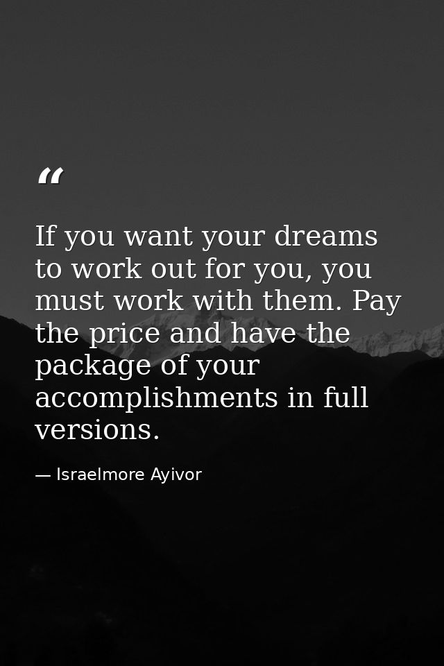 If you want your dreams to work out for you, you must work with them. Pay the price and have the package of your accompl — Israelmore Ayivor