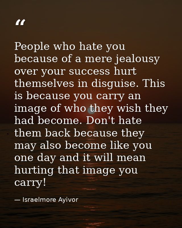 People who hate you because of a mere jealousy over your success hurt themselves in disguise. This is because you carry  — Israelmore Ayivor