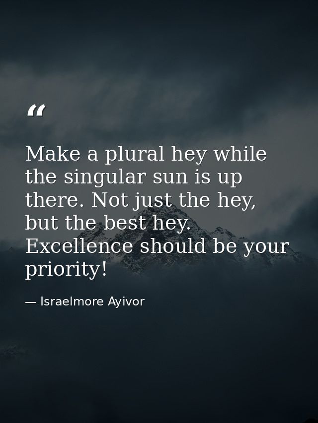 Make a plural hey while the singular sun is up there. Not just the hey, but the best hey. Excellence should be your prio — Israelmore Ayivor