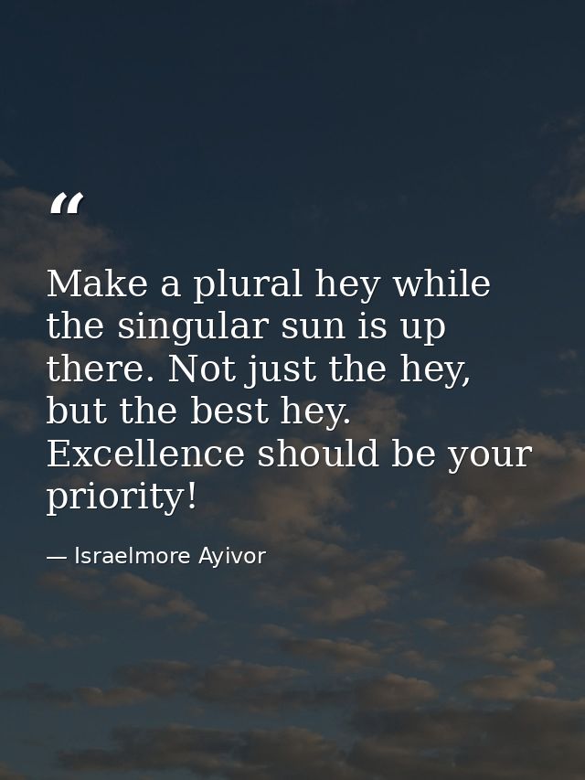 Make a plural hey while the singular sun is up there. Not just the hey, but the best hey. Excellence should be your prio — Israelmore Ayivor