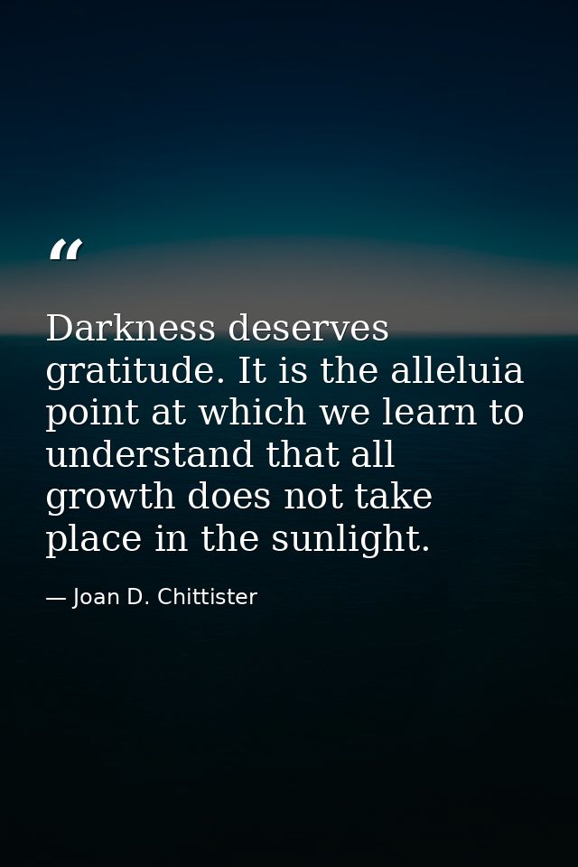 Darkness deserves gratitude. It is the alleluia point at which we learn to understand that all growth does not take plac — Joan D. Chittister