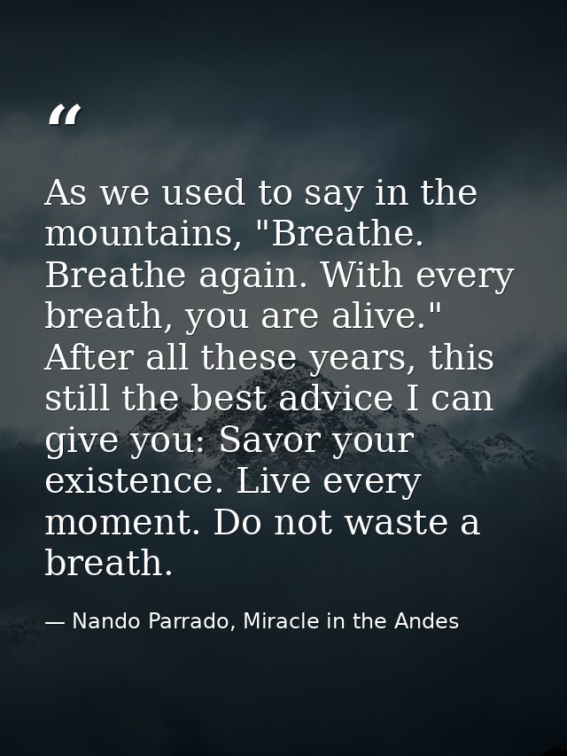 As we used to say in the mountains, "Breathe. Breathe again. With every breath, you are alive." After all these years, t — Nando Parrado, Miracle in the Andes