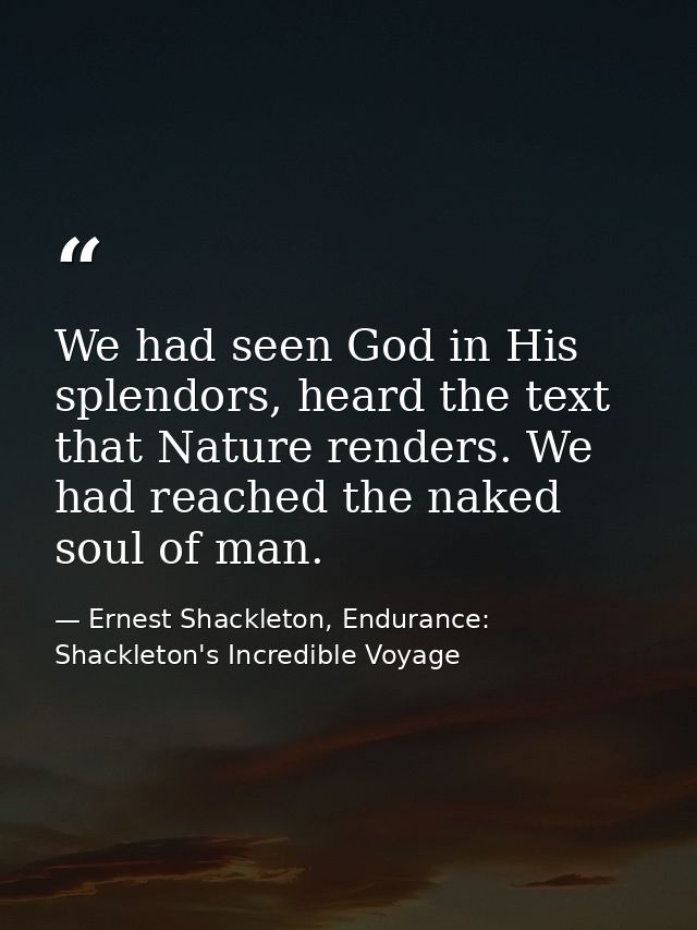 We had seen God in His splendors, heard the text that Nature renders. We had reached the naked soul of man. — Ernest Shackleton, Endurance: Shackleton's Incredible Voyage
