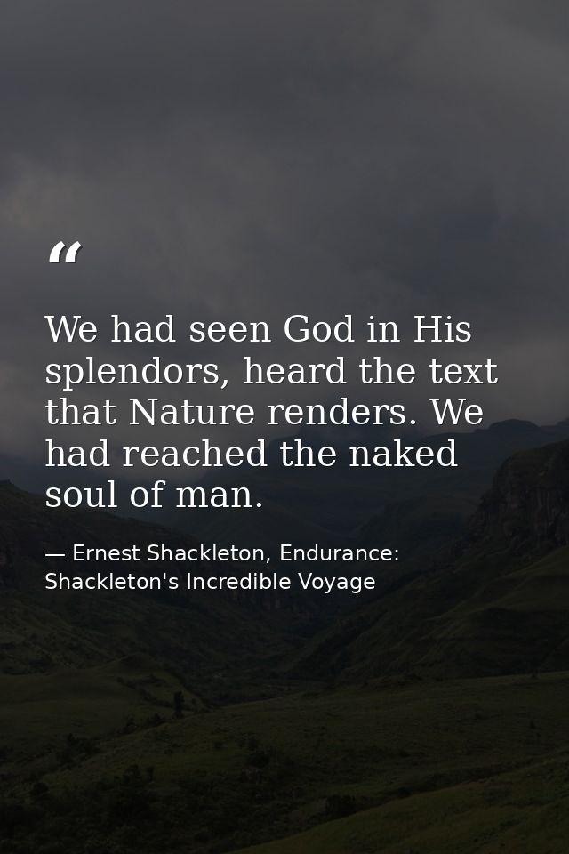 We had seen God in His splendors, heard the text that Nature renders. We had reached the naked soul of man. — Ernest Shackleton, Endurance: Shackleton's Incredible Voyage