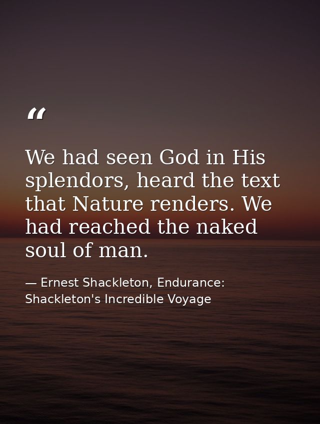 We had seen God in His splendors, heard the text that Nature renders. We had reached the naked soul of man. — Ernest Shackleton, Endurance: Shackleton's Incredible Voyage