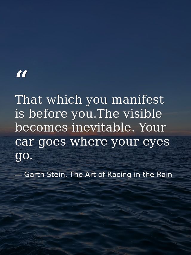That which you manifest is before you.The visible becomes inevitable. Your car goes where your eyes go. — Garth Stein, The Art of Racing in the Rain