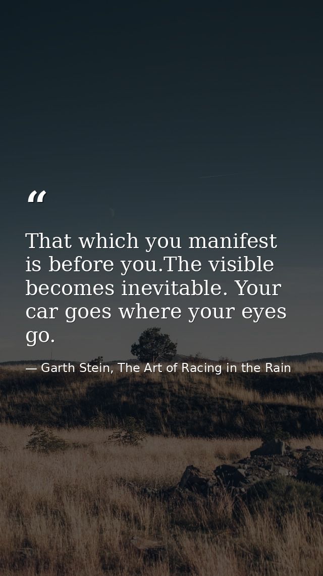 That which you manifest is before you.The visible becomes inevitable. Your car goes where your eyes go. — Garth Stein, The Art of Racing in the Rain