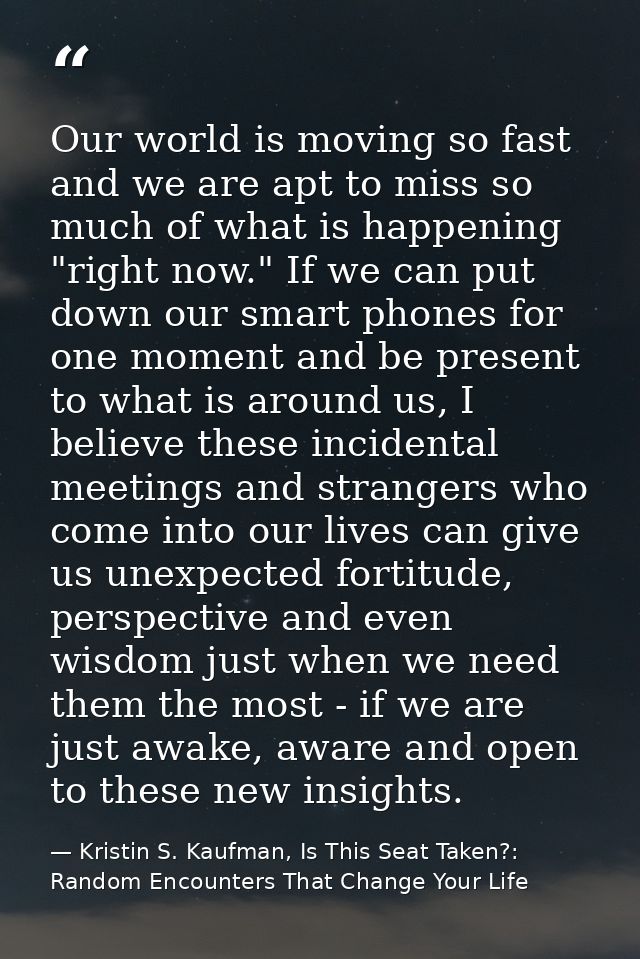 Our world is moving so fast and we are apt to miss so much of what is happening "right now." If we can put down our smar — Kristin S. Kaufman, Is This Seat Taken?: Random Encounters That Change Your Life