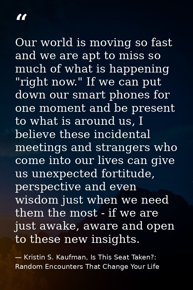 Our world is moving so fast and we are apt to miss so much of what is happening "right now." If we can put down our smar — Kristin S. Kaufman, Is This Seat Taken?: Random Encounters That Change Your Life
