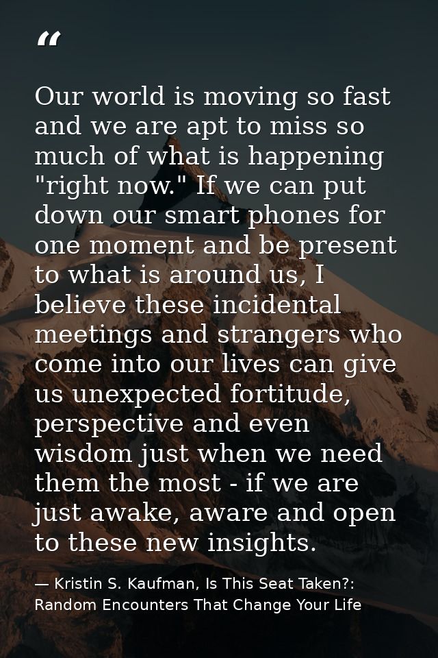 Our world is moving so fast and we are apt to miss so much of what is happening "right now." If we can put down our smar — Kristin S. Kaufman, Is This Seat Taken?: Random Encounters That Change Your Life