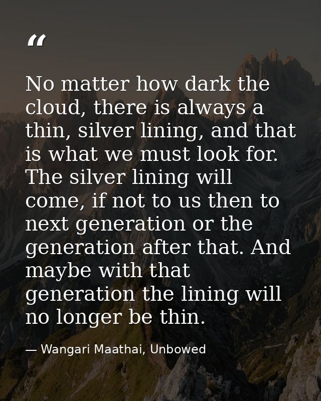 No matter how dark the cloud, there is always a thin, silver lining, and that is what we must look for. The silver linin — Wangari Maathai, Unbowed