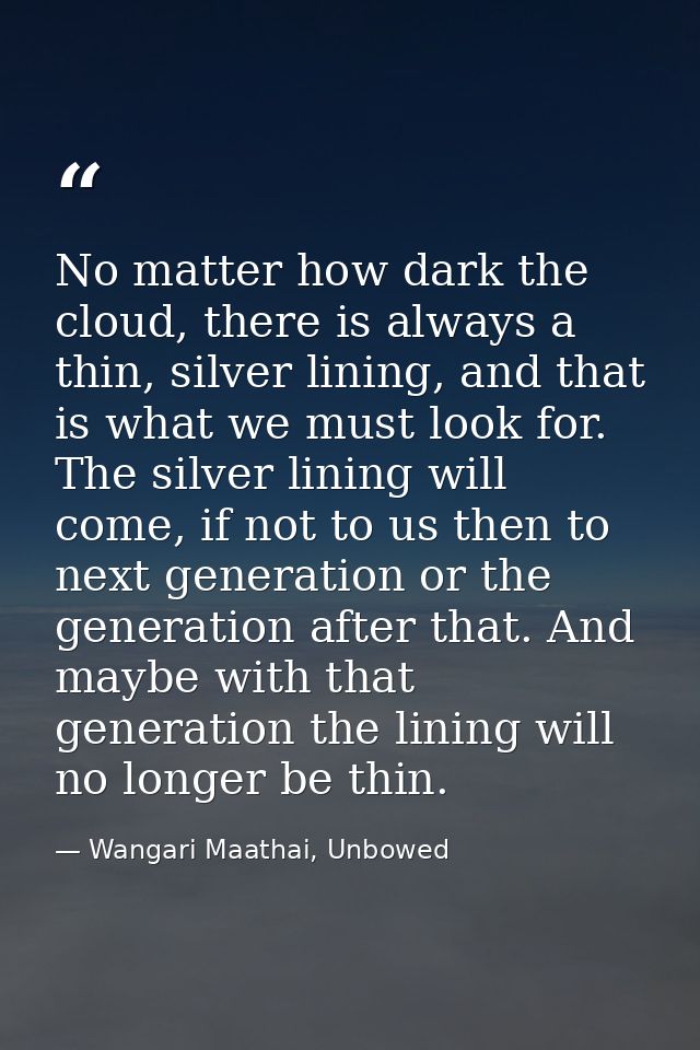 No matter how dark the cloud, there is always a thin, silver lining, and that is what we must look for. The silver linin — Wangari Maathai, Unbowed