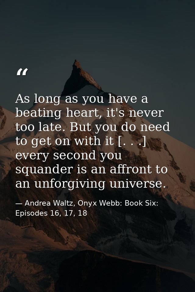As long as you have a beating heart, it's never too late. But you do need to get on with it [. . .] every second you squ — Andrea Waltz, Onyx Webb: Book Six: Episodes 16, 17, 18