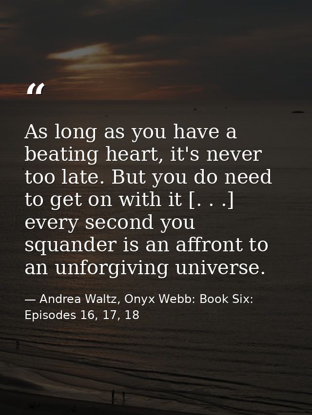 As long as you have a beating heart, it's never too late. But you do need to get on with it [. . .] every second you squ — Andrea Waltz, Onyx Webb: Book Six: Episodes 16, 17, 18