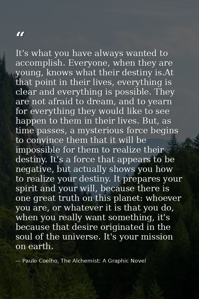 It's what you have always wanted to accomplish. Everyone, when they are young, knows what their destiny is.At that point — Paulo Coelho, The Alchemist: A Graphic Novel
