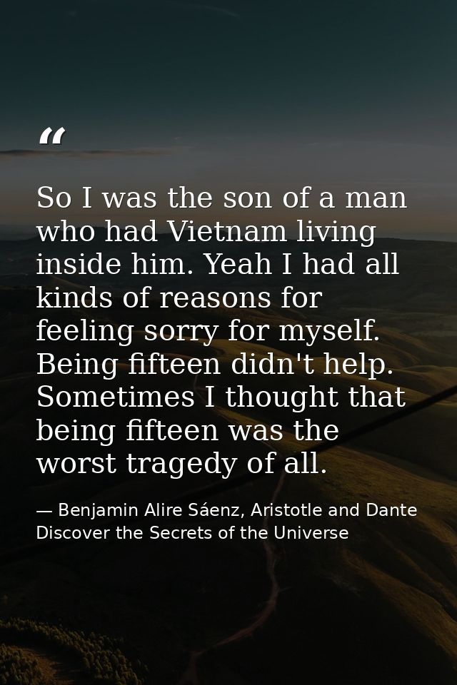 So I was the son of a man who had Vietnam living inside him. Yeah I had all kinds of reasons for feeling sorry for mysel — Benjamin Alire Sáenz, Aristotle and Dante Discover the Secrets of the Universe