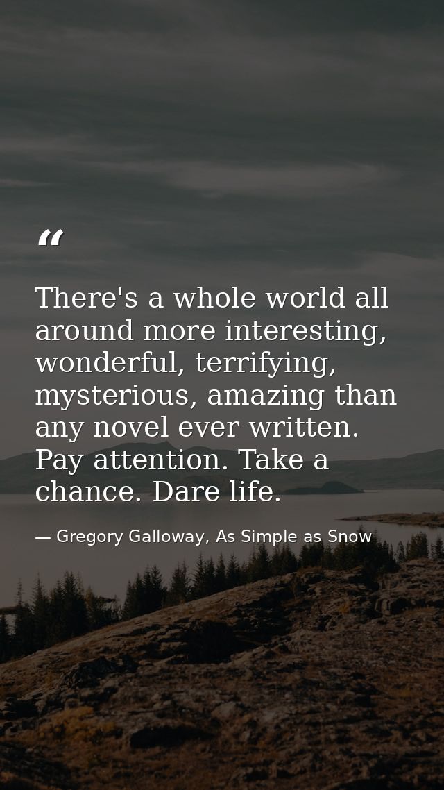 There's a whole world all around more interesting, wonderful, terrifying, mysterious, amazing than any novel ever writte — Gregory Galloway, As Simple as Snow