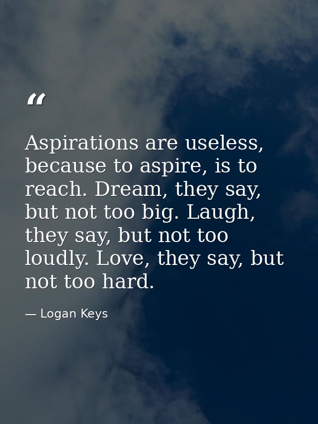 Aspirations are useless, because to aspire, is to reach. Dream, they say, but not too big. Laugh, they say, but not too  — Logan Keys