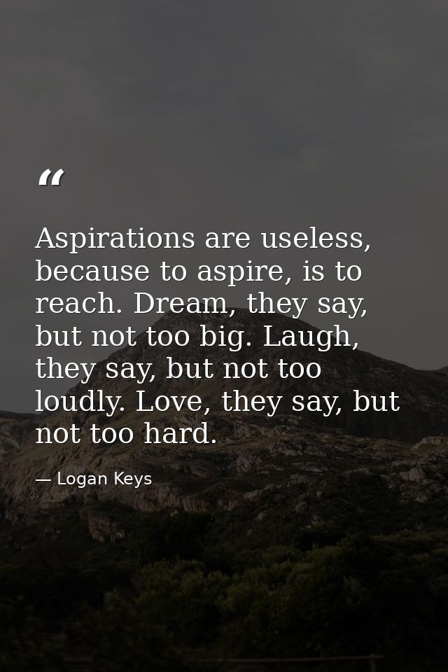 Aspirations are useless, because to aspire, is to reach. Dream, they say, but not too big. Laugh, they say, but not too  — Logan Keys