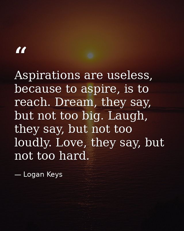Aspirations are useless, because to aspire, is to reach. Dream, they say, but not too big. Laugh, they say, but not too  — Logan Keys