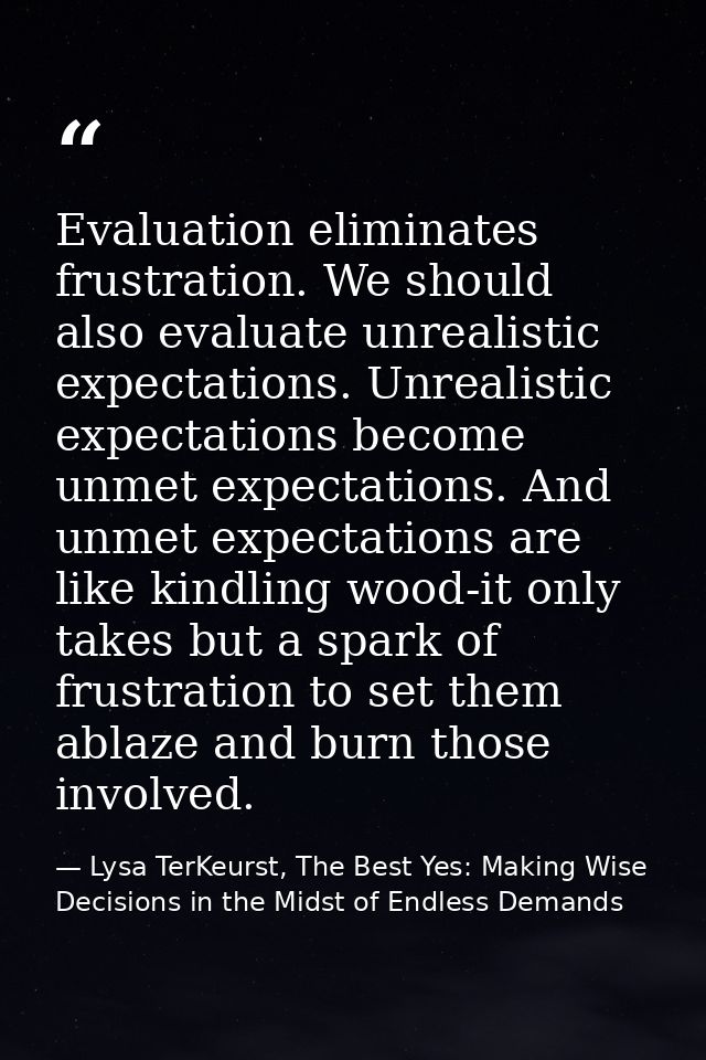 Evaluation eliminates frustration. We should also evaluate unrealistic expectations. Unrealistic expectations become unm — Lysa TerKeurst, The Best Yes: Making Wise Decisions in the Midst of Endless Demands