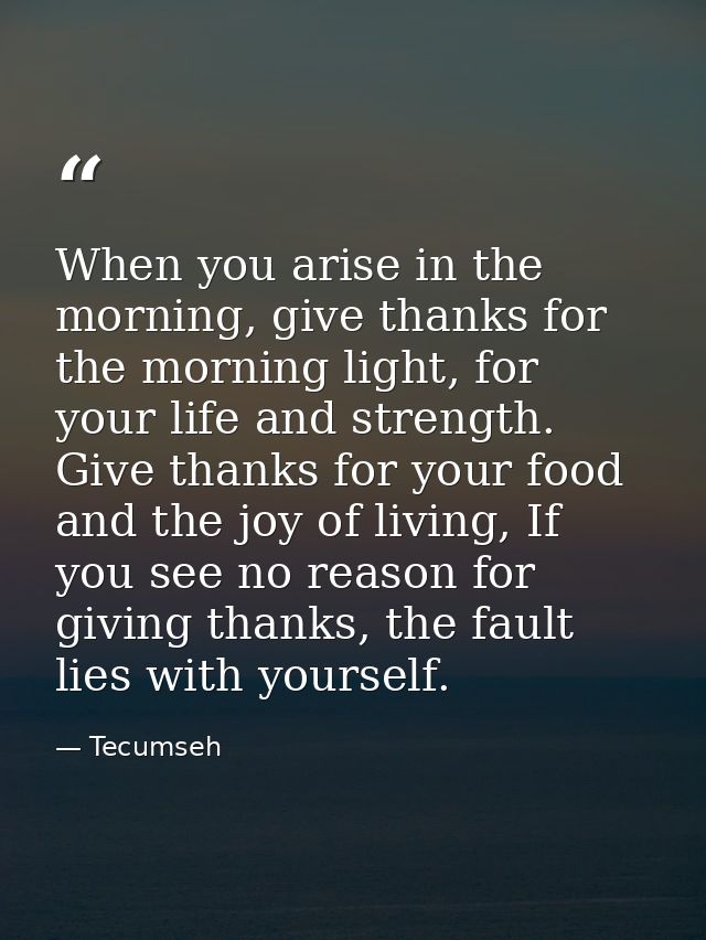 When you arise in the morning, give thanks for the morning light, for your life and strength. Give thanks for your food  — Tecumseh
