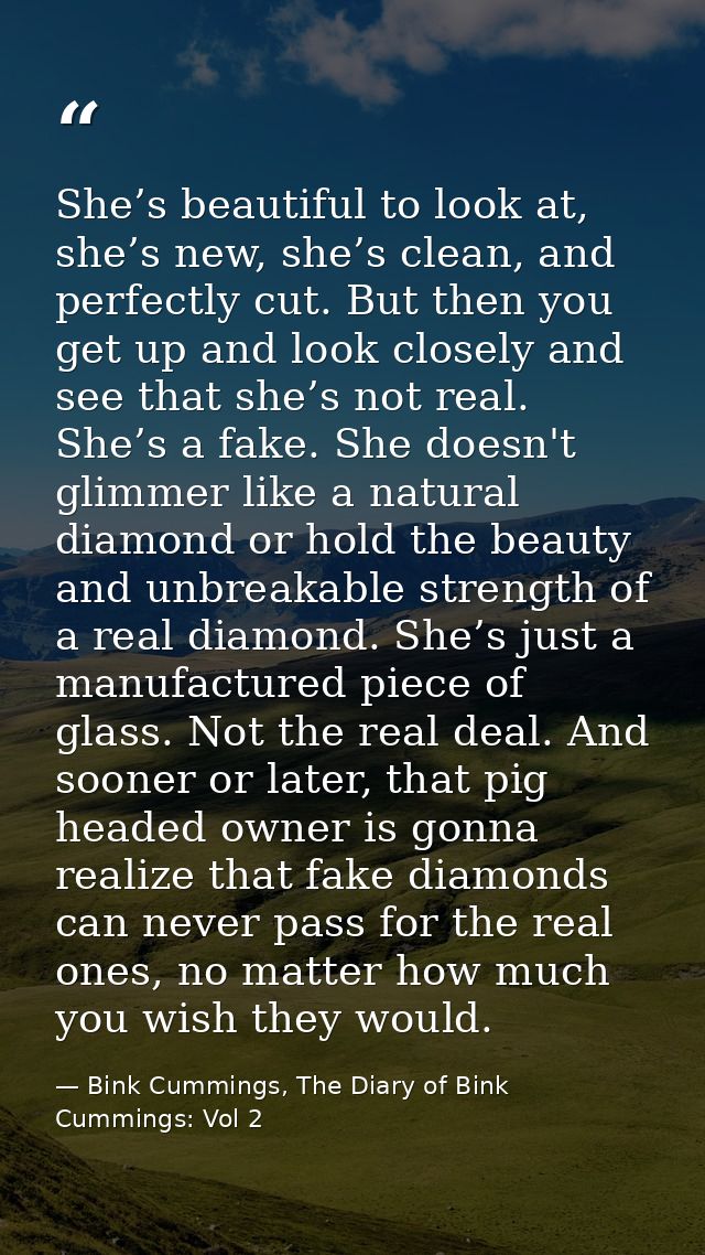 She’s beautiful to look at, she’s new, she’s clean, and perfectly cut. But then you get up and look closely and see that — Bink Cummings, The Diary of Bink Cummings: Vol 2