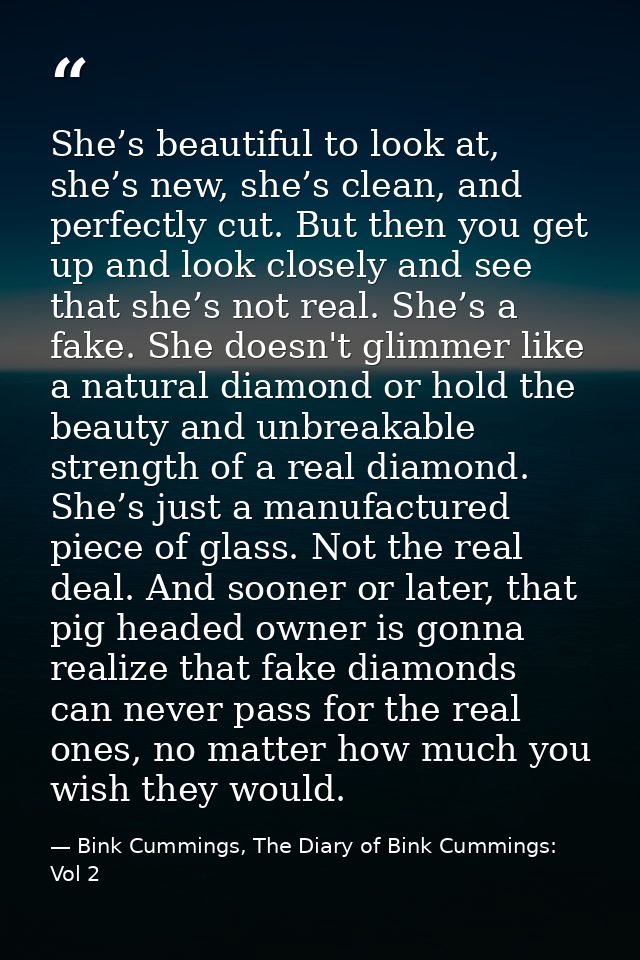 She’s beautiful to look at, she’s new, she’s clean, and perfectly cut. But then you get up and look closely and see that — Bink Cummings, The Diary of Bink Cummings: Vol 2