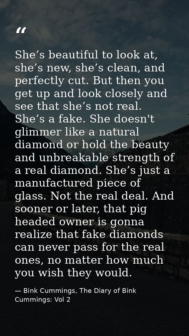 She’s beautiful to look at, she’s new, she’s clean, and perfectly cut. But then you get up and look closely and see that — Bink Cummings, The Diary of Bink Cummings: Vol 2