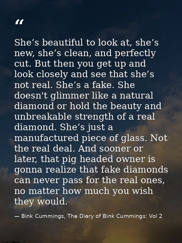 She’s beautiful to look at, she’s new, she’s clean, and perfectly cut. But then you get up and look closely and see that — Bink Cummings, The Diary of Bink Cummings: Vol 2