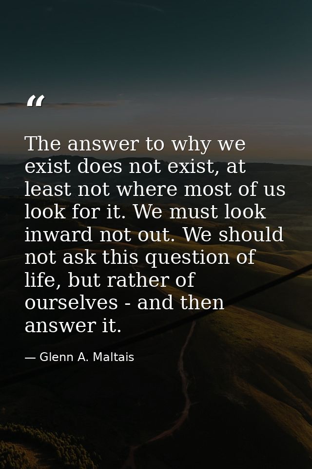 The answer to why we exist does not exist, at least not where most of us look for it. We must look inward not out. We sh — Glenn A. Maltais