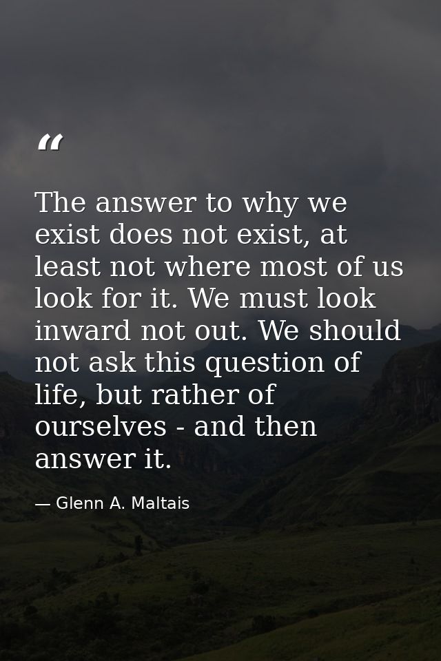 The answer to why we exist does not exist, at least not where most of us look for it. We must look inward not out. We sh — Glenn A. Maltais