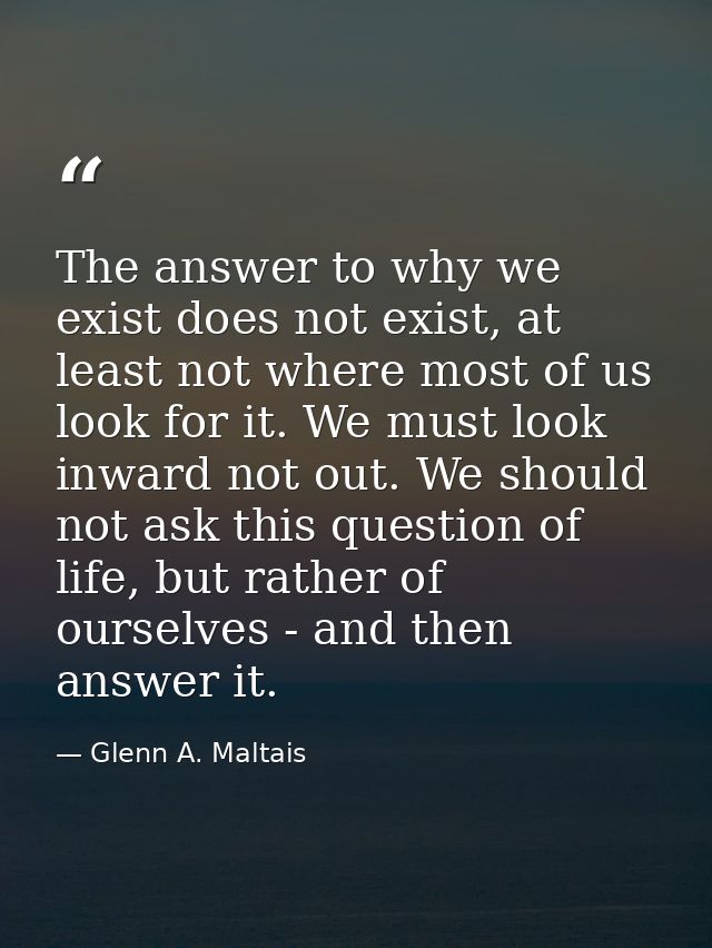 The answer to why we exist does not exist, at least not where most of us look for it. We must look inward not out. We sh — Glenn A. Maltais