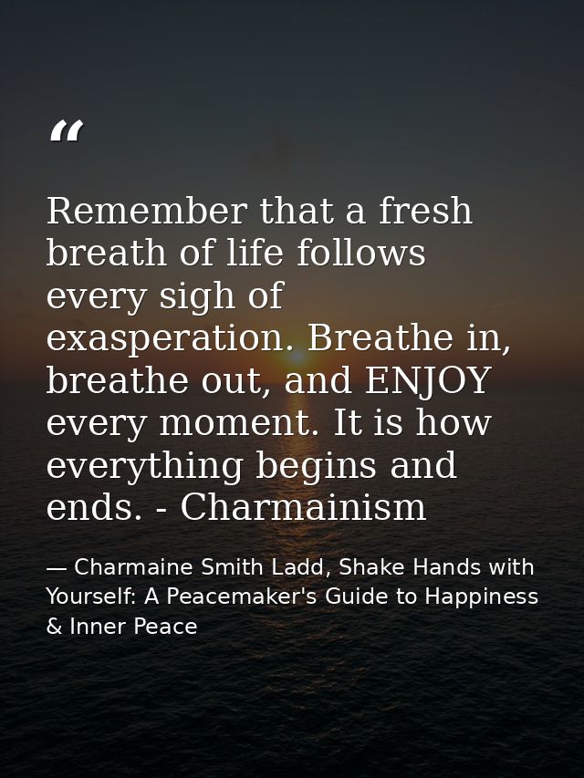 Remember that a fresh breath of life follows every sigh of exasperation. Breathe in, breathe out, and ENJOY every moment — Charmaine Smith Ladd, Shake Hands with Yourself: A Peacemaker's Guide to Happiness & Inner Peace