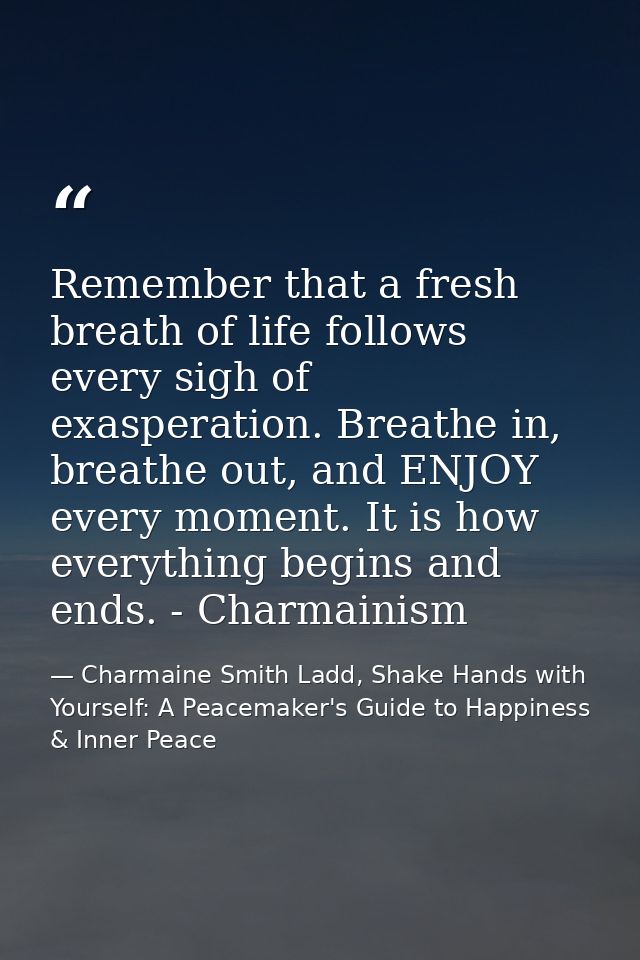 Remember that a fresh breath of life follows every sigh of exasperation. Breathe in, breathe out, and ENJOY every moment — Charmaine Smith Ladd, Shake Hands with Yourself: A Peacemaker's Guide to Happiness & Inner Peace