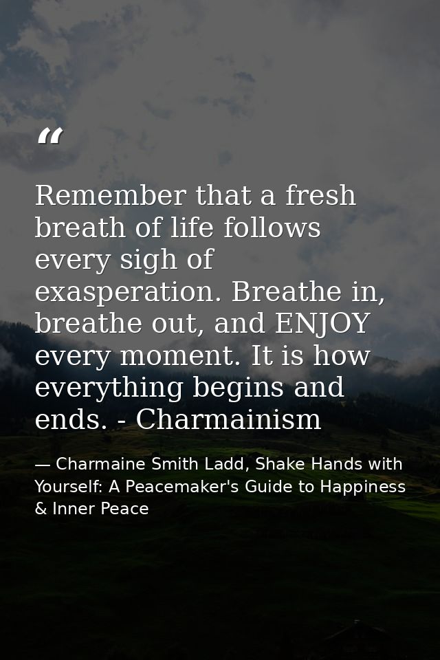 Remember that a fresh breath of life follows every sigh of exasperation. Breathe in, breathe out, and ENJOY every moment — Charmaine Smith Ladd, Shake Hands with Yourself: A Peacemaker's Guide to Happiness & Inner Peace
