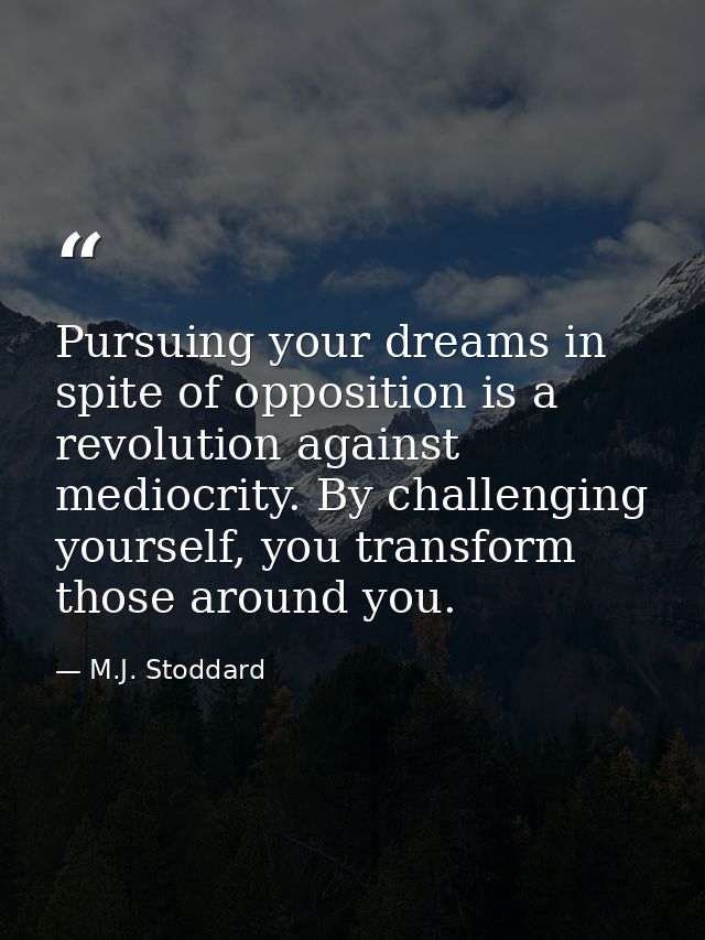 Pursuing your dreams in spite of opposition is a revolution against mediocrity. By challenging yourself, you transform t — M.J. Stoddard