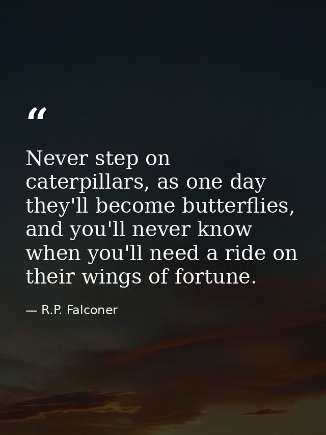Never step on caterpillars, as one day they'll become butterflies, and you'll never know when you'll need a ride on thei — R.P. Falconer