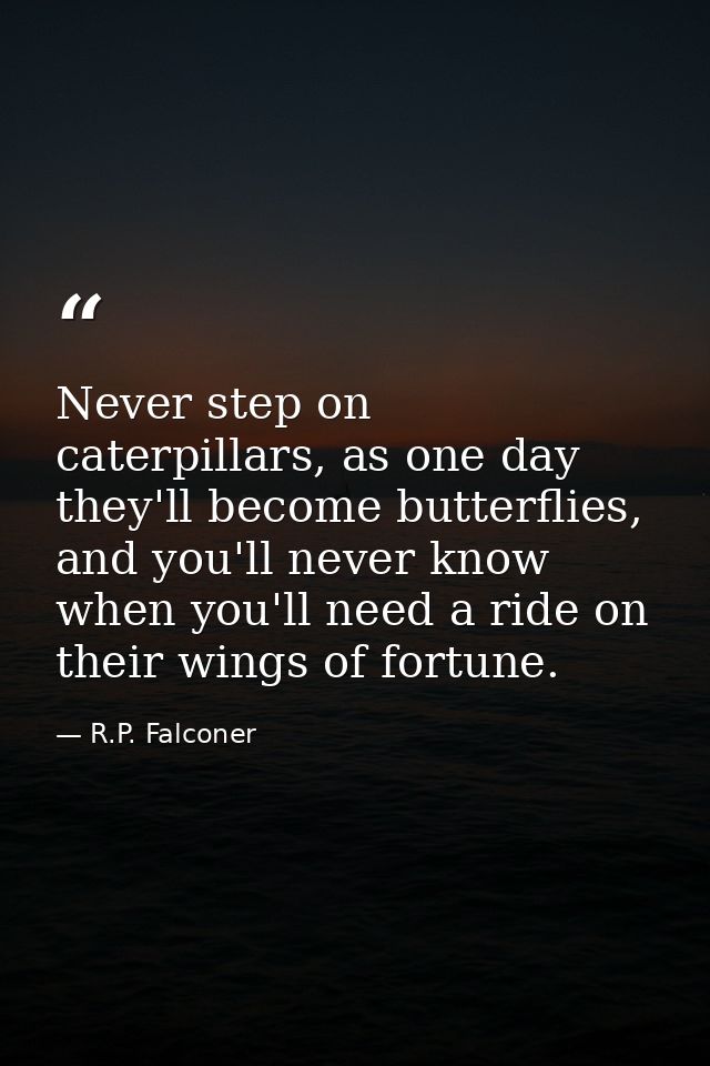 Never step on caterpillars, as one day they'll become butterflies, and you'll never know when you'll need a ride on thei — R.P. Falconer