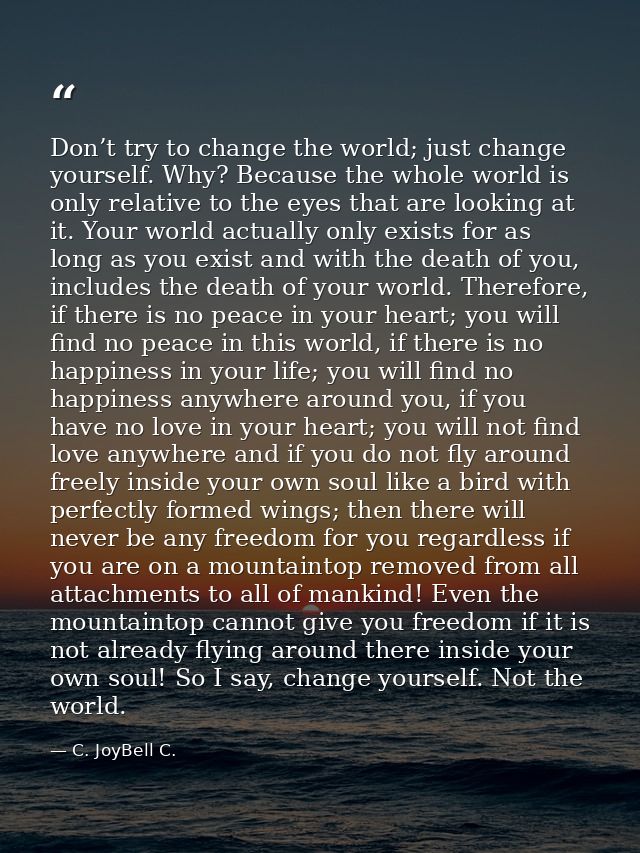 Don’t try to change the world; just change yourself. Why? Because the whole world is only relative to the eyes that are  — C. JoyBell C.