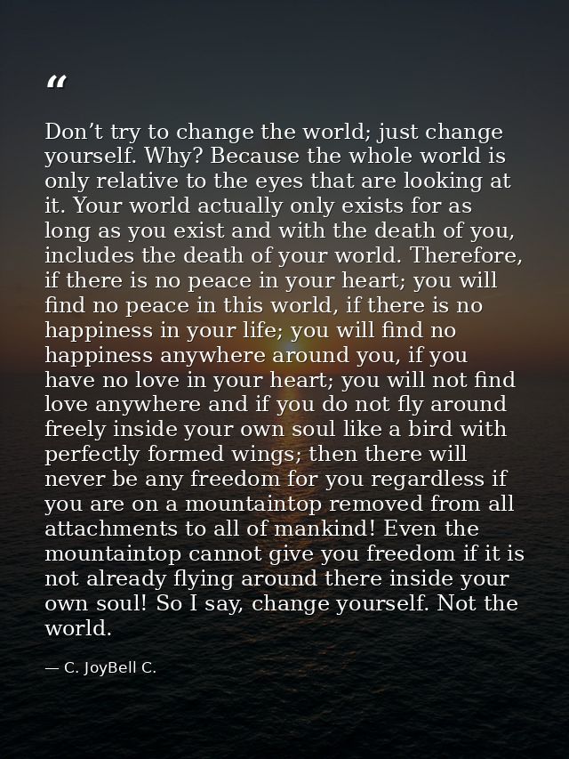 Don’t try to change the world; just change yourself. Why? Because the whole world is only relative to the eyes that are  — C. JoyBell C.