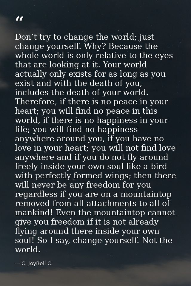 Don’t try to change the world; just change yourself. Why? Because the whole world is only relative to the eyes that are  — C. JoyBell C.