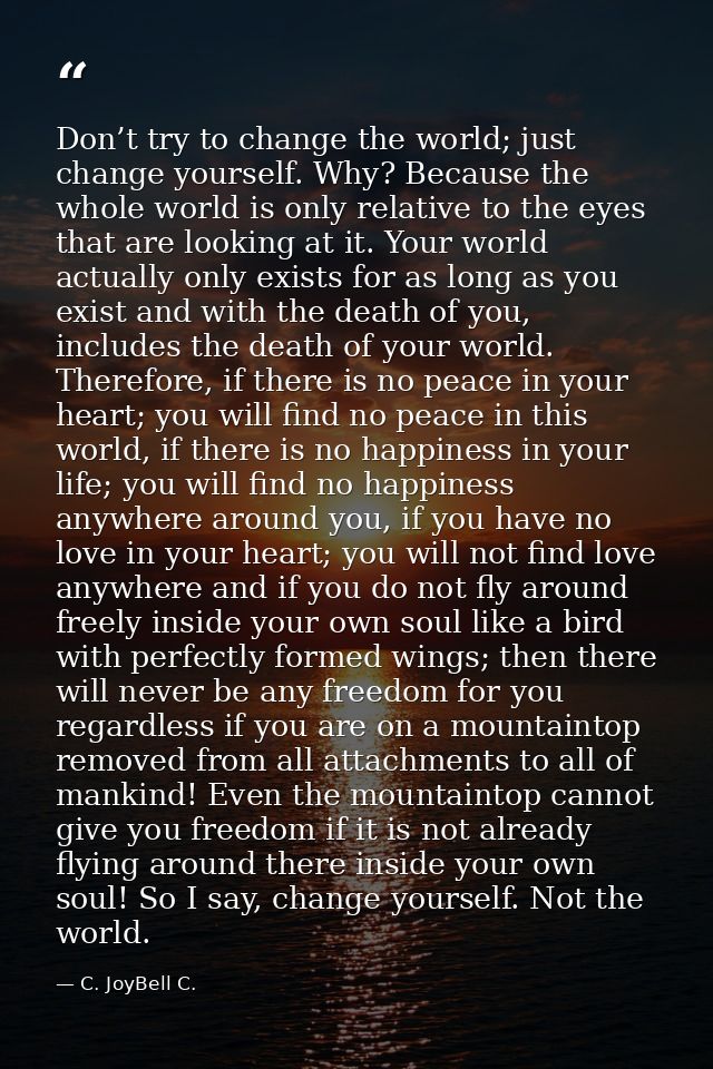Don’t try to change the world; just change yourself. Why? Because the whole world is only relative to the eyes that are  — C. JoyBell C.
