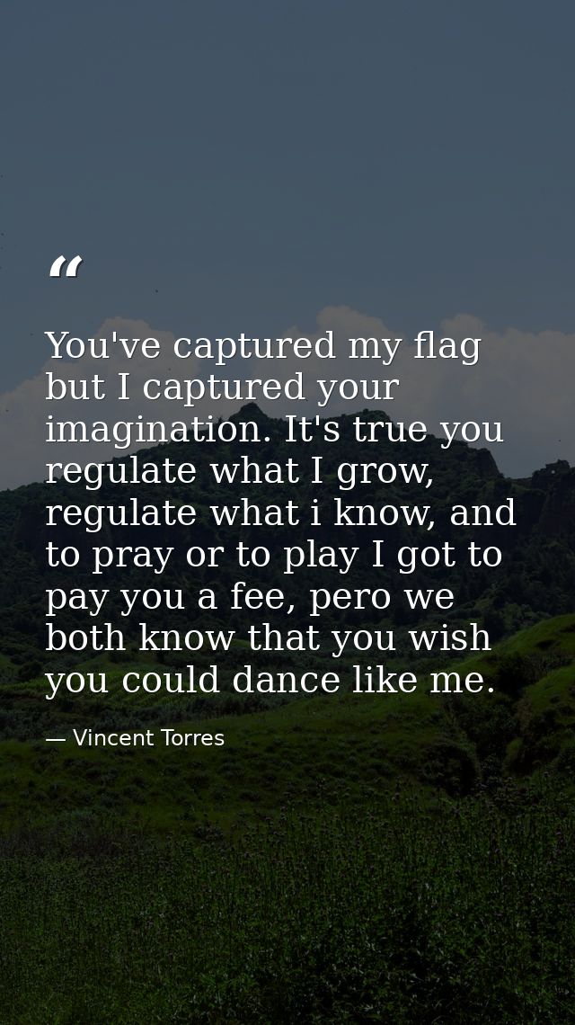 You've captured my flag but I captured your imagination. It's true you regulate what I grow, regulate what i know, and t — Vincent Torres
