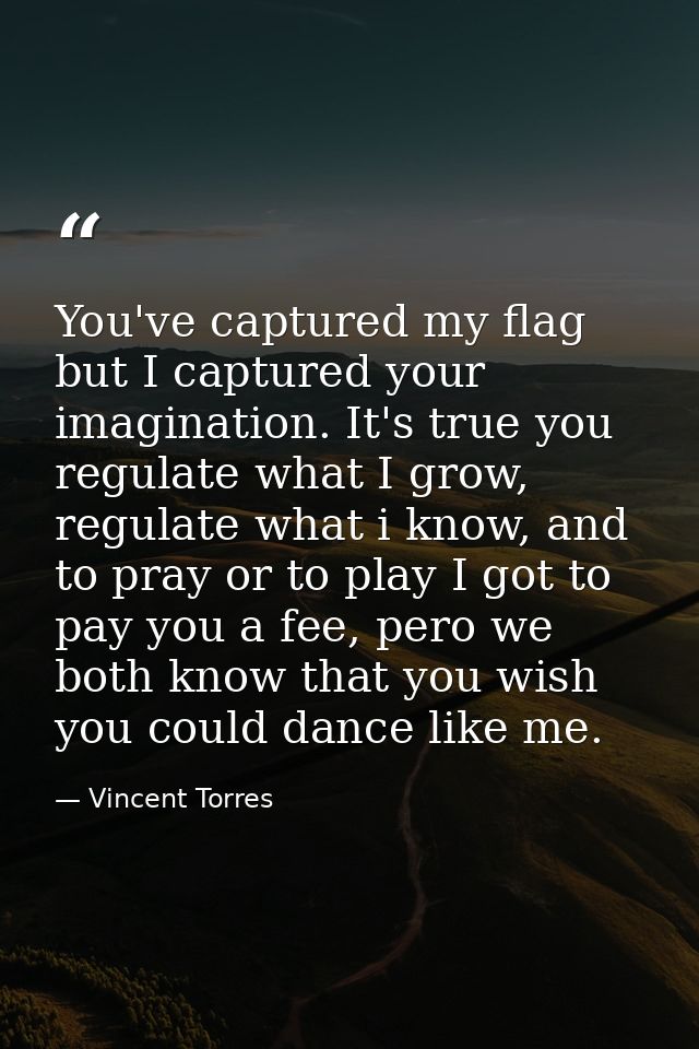 You've captured my flag but I captured your imagination. It's true you regulate what I grow, regulate what i know, and t — Vincent Torres