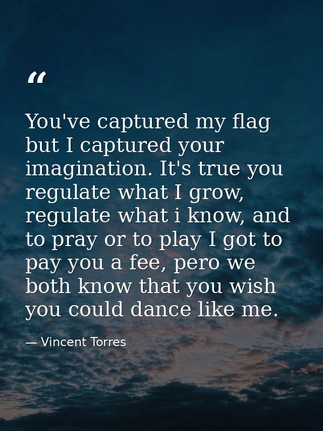 You've captured my flag but I captured your imagination. It's true you regulate what I grow, regulate what i know, and t — Vincent Torres