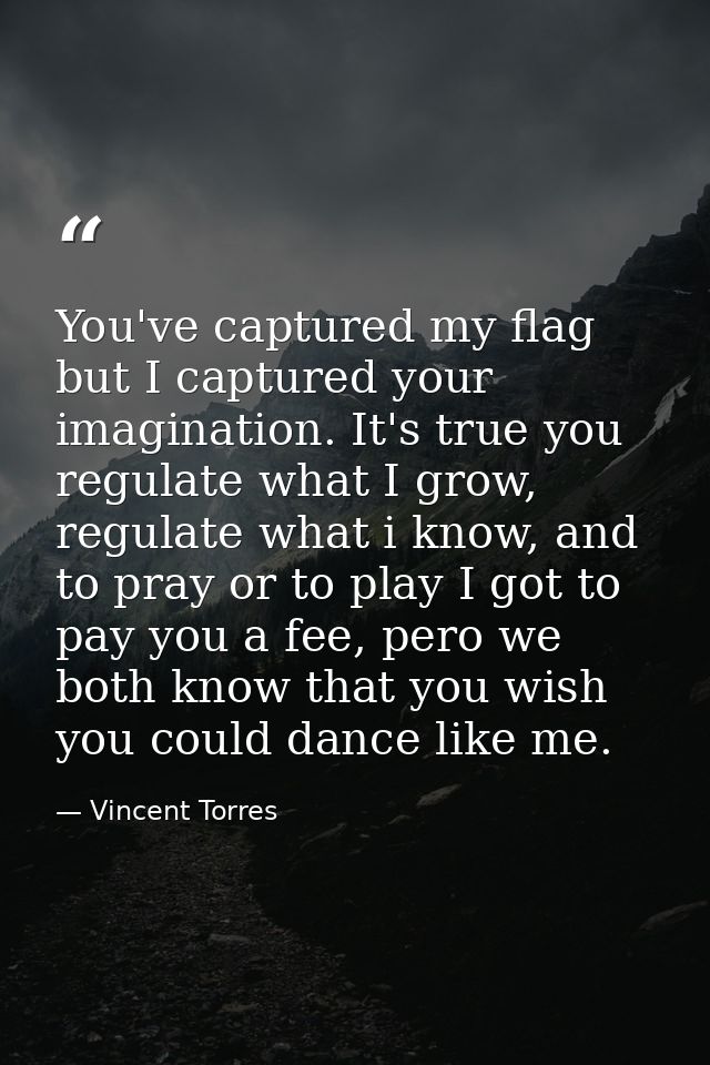 You've captured my flag but I captured your imagination. It's true you regulate what I grow, regulate what i know, and t — Vincent Torres